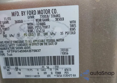 2006 Ford F-150 Lariat/Fx4/Xlt z USA, uszkodzony, nr VIN 1FTPW14596KB75837